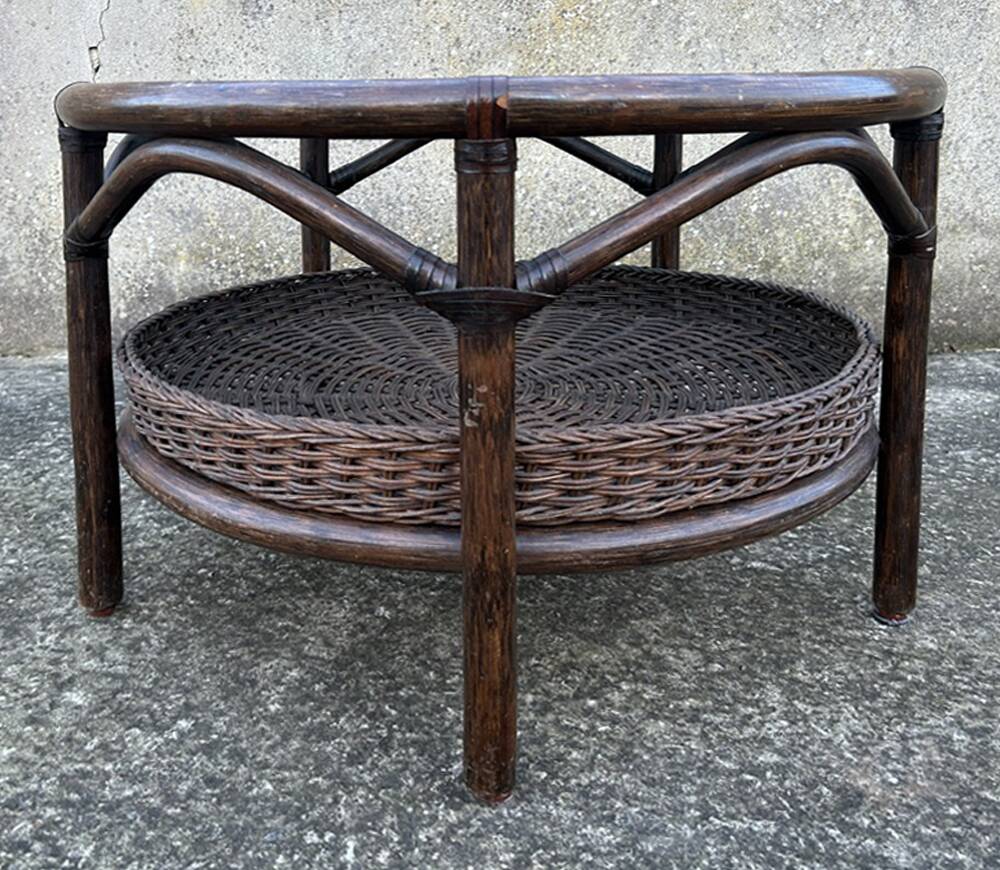 Round rattan and bamboo coffee table, vintage 1960