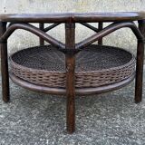 Round rattan and bamboo coffee table, vintage 1960