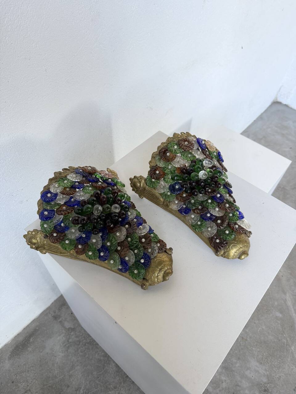 Pair of Art Nouveau bronze and Murano glass wall lights