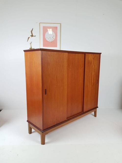 Sideboard high Danish teak veneer vintage sliding doors