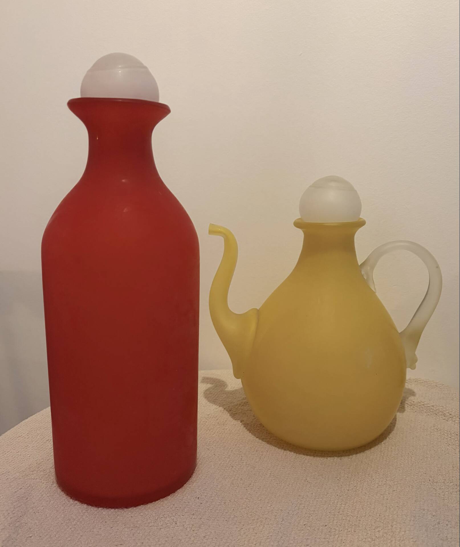 Stunning Duo of Mid-Century Frosted Satin Glass Carafes & Decanters