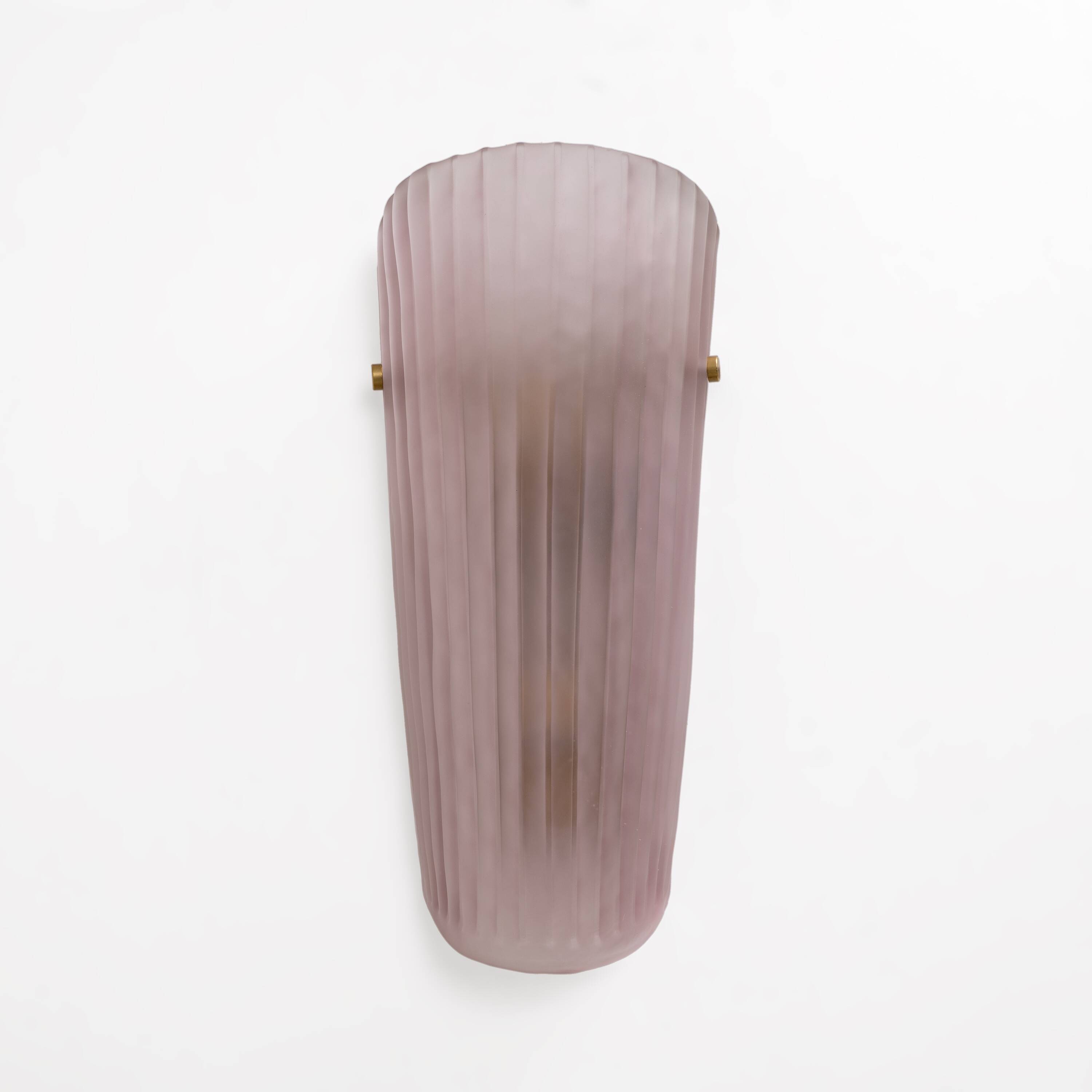 Pair of Murano Glass Wall Sconces in Pink Ribbed Glass and Brass, Italy