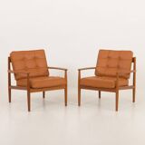 Rare Grete Jalk teak lounge chairs in aniline cognac leather for Cado
