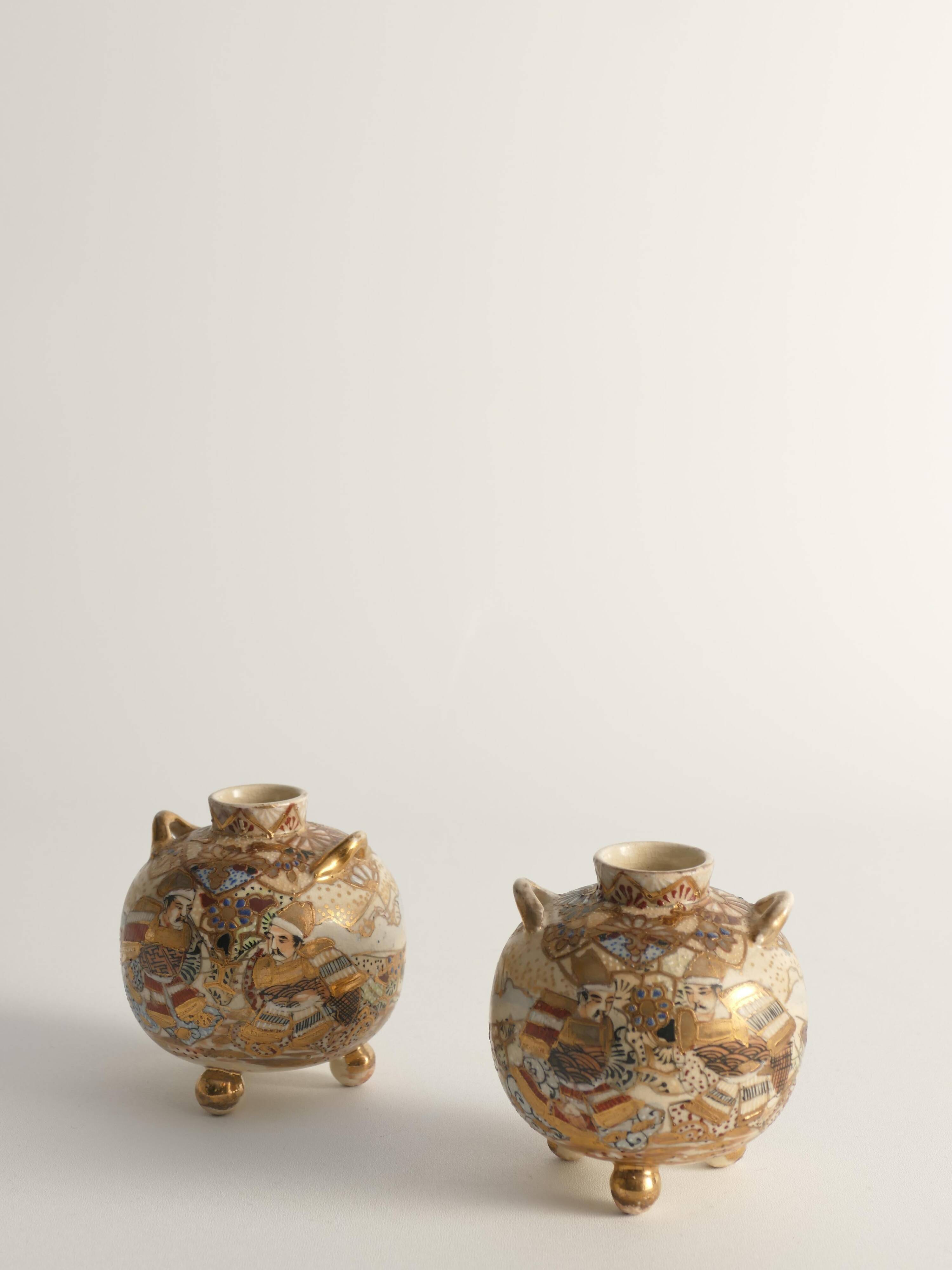 Satsuma Earthenware Vases, Hand-Painted Polychrome, Japan, Set of 2