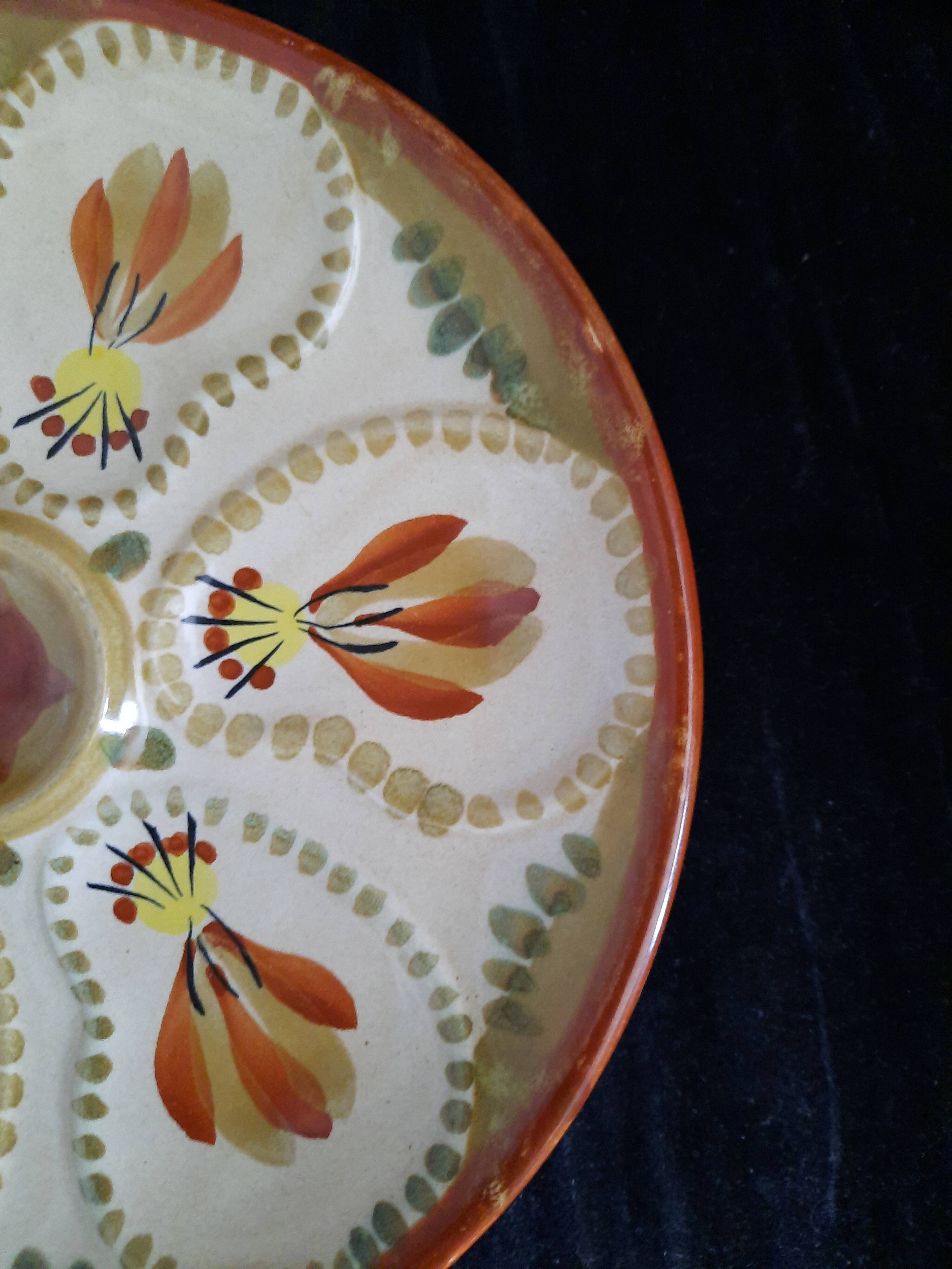 Assiette à huîtres hb henriot quimper grès 23 cm décor floral breton