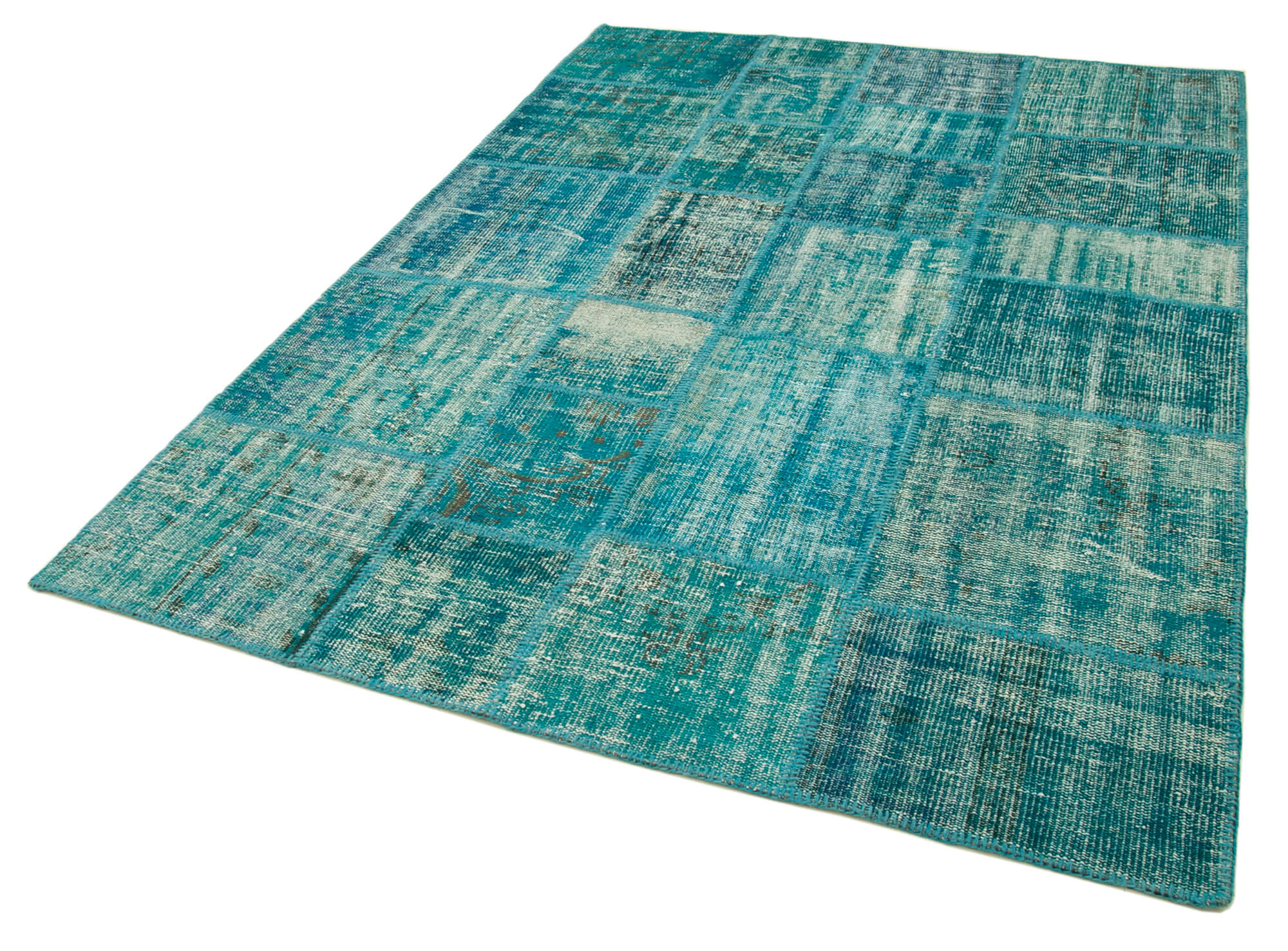 Handwoven Anatolian Contemporary 174 cm x 240 cm Turquoise Patchwork Carpet