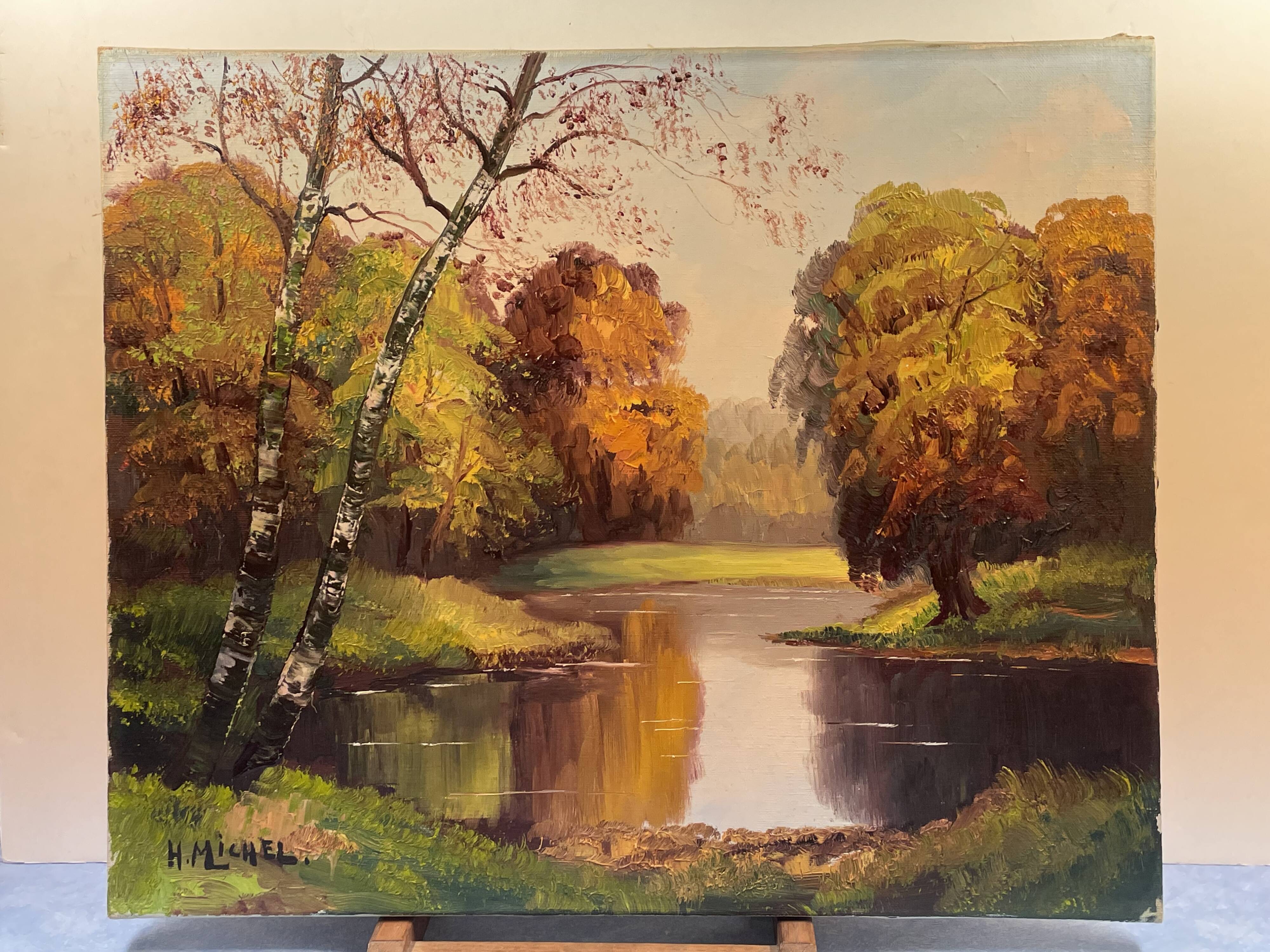 Oil on canvas, "Autumn lake landscape", Signed H. Michel