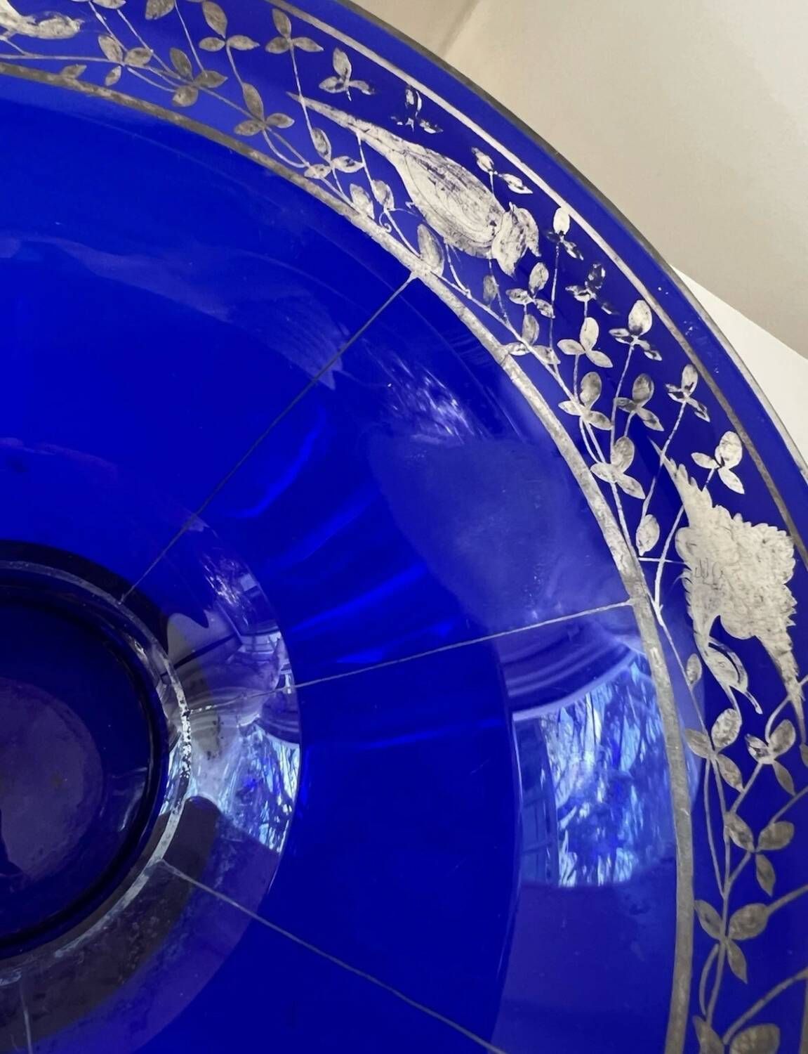 Cobalt blue glass bowl with Art Deco bird decor