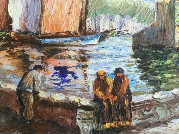 Peinture huile sur isorel signée paysage breton Bretagne port bateau personnage xx ème
