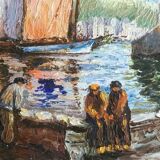 Painting Oil on Isorel Signed Landscape Breton Brittany Port Boat Character XX ème