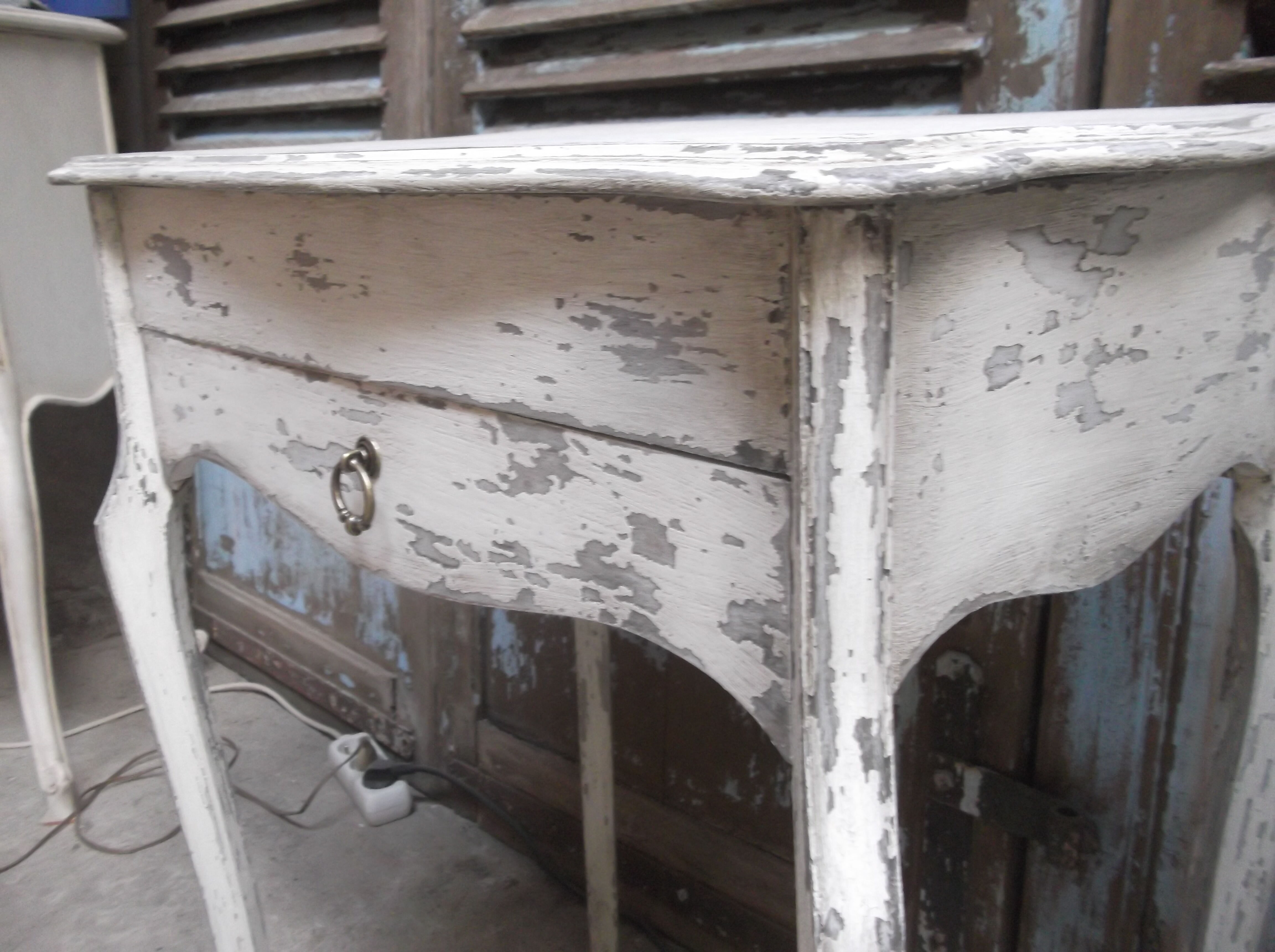 Small side table with walnut storage, patinated white shabby chipped