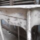 Small side table with walnut storage, patinated white shabby chipped