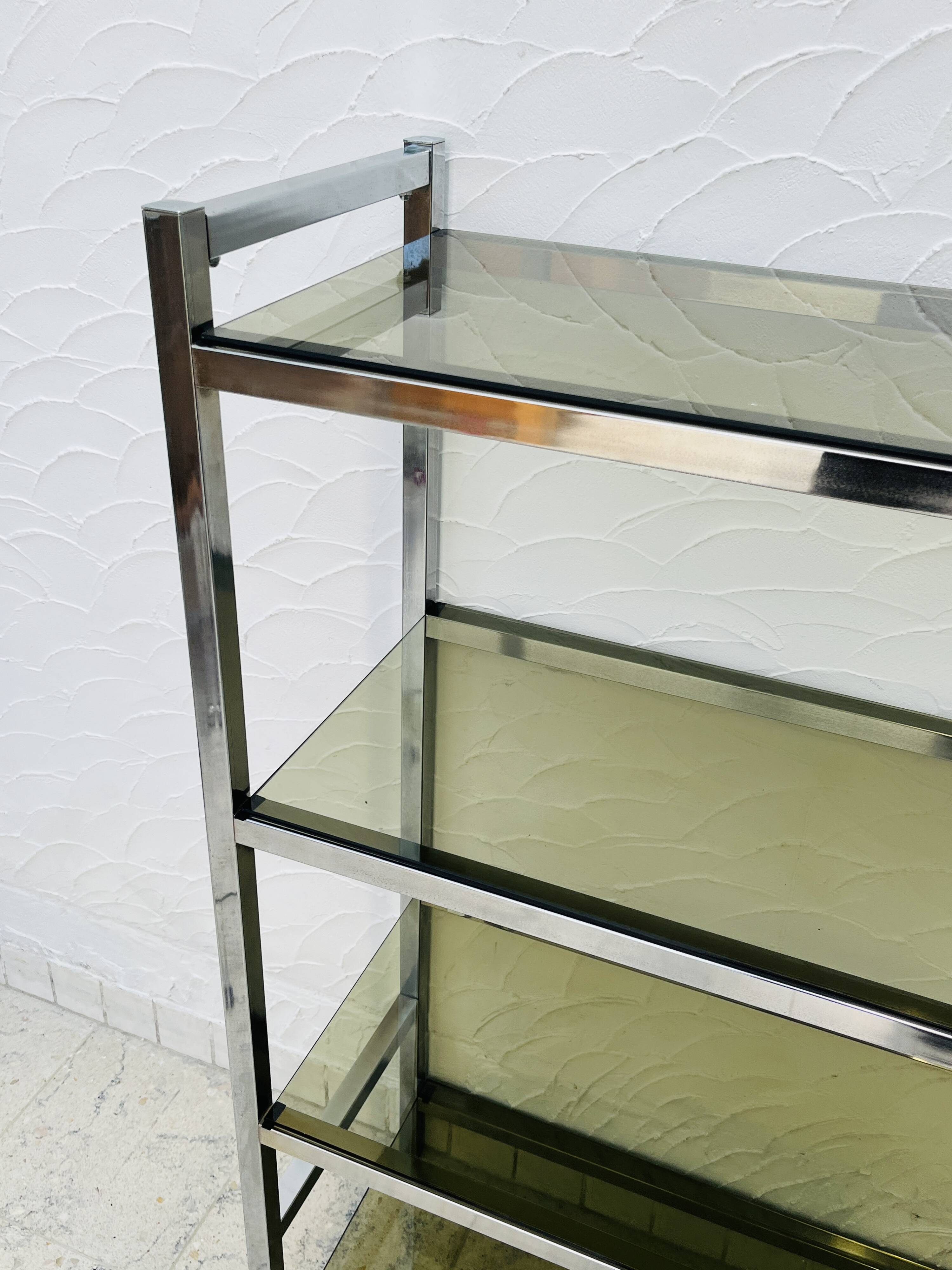 Chrome and smoked glass shelf in Italian 1970s style.