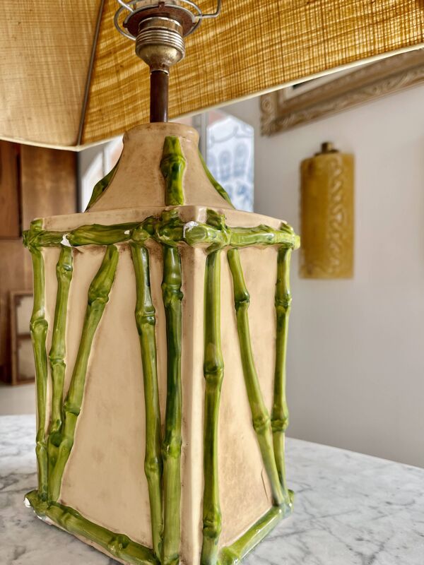 Lampe de table en céramique imitation bambou avec Abat jours, années 1970