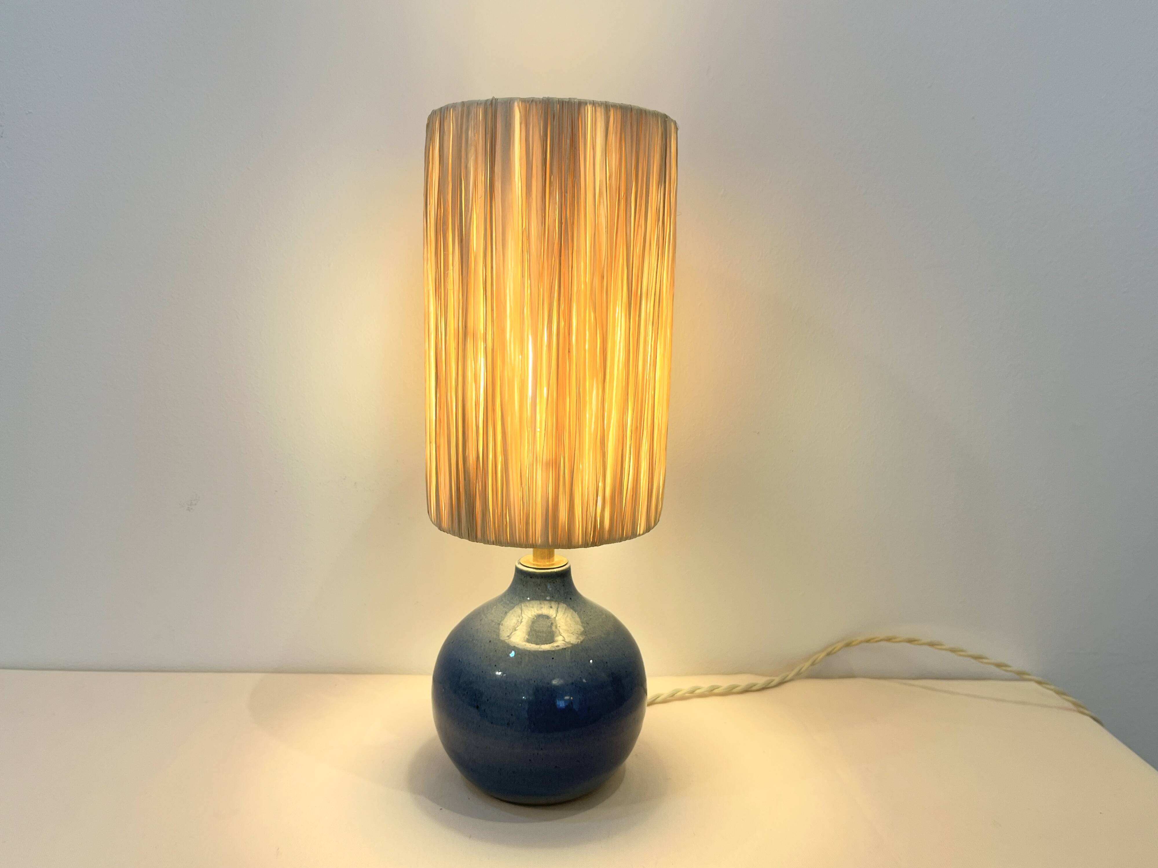 Vintage ball lamp base in blue ceramic stoneware with raffia rope lampshade