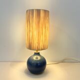 Vintage ball lamp base in blue ceramic stoneware with raffia rope lampshade