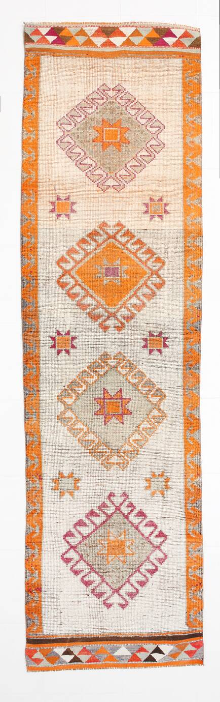Vintage Orange Pattern Turkish Runner Rug, 95x342 Cm