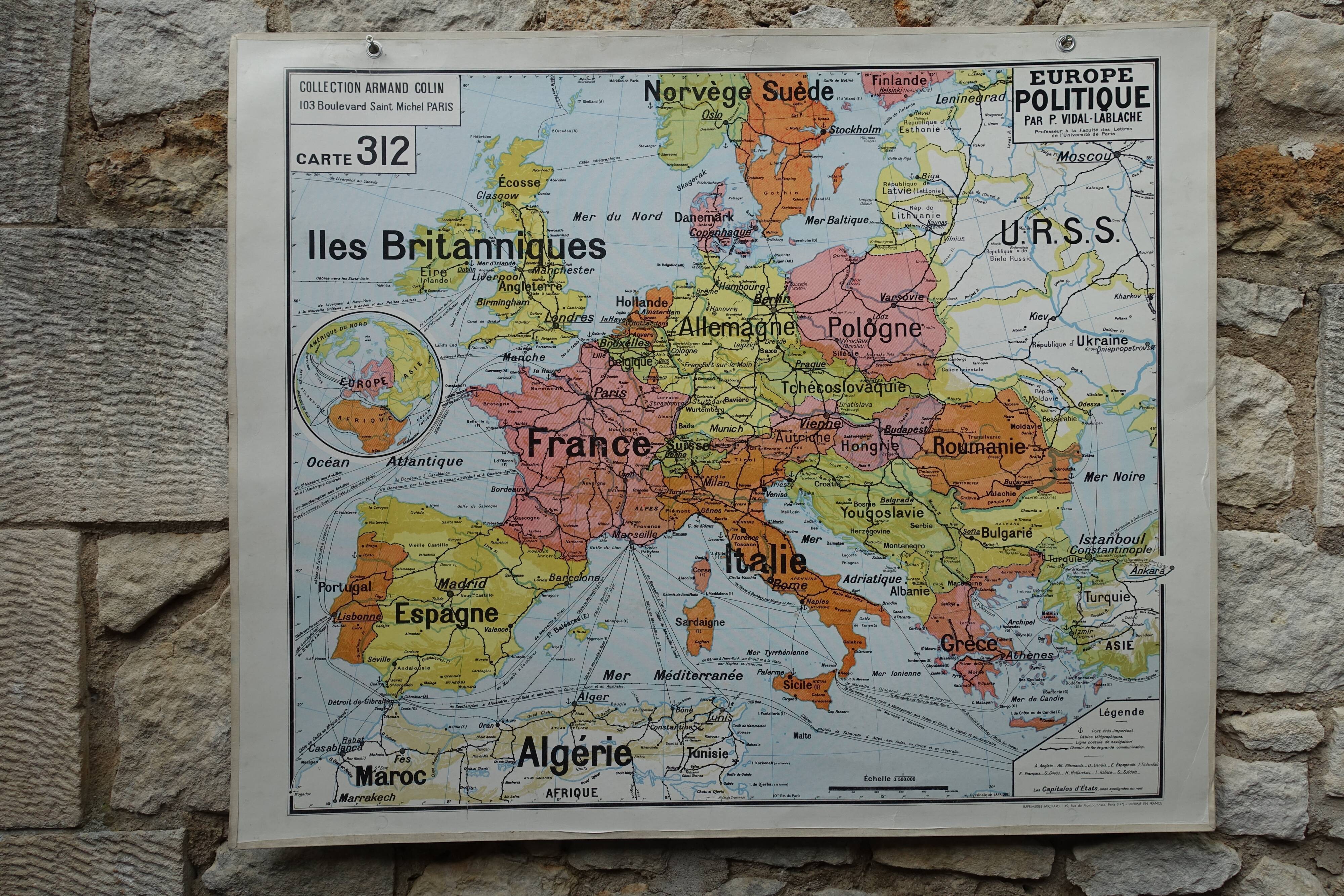 Old school map Vidal Lablache 312 Political and geographical Europe