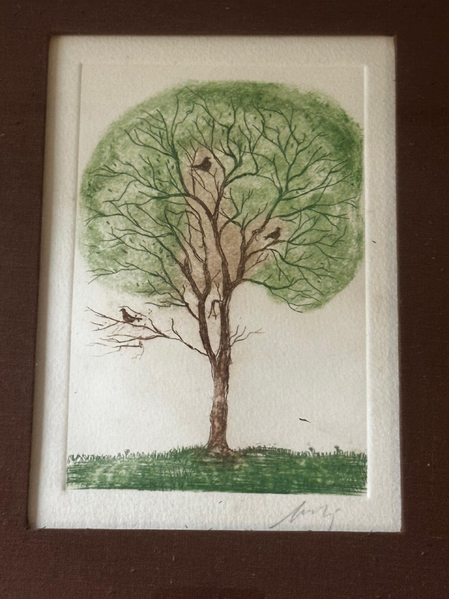 Original signed drawing – Tree with birds - frame 33/28 cm