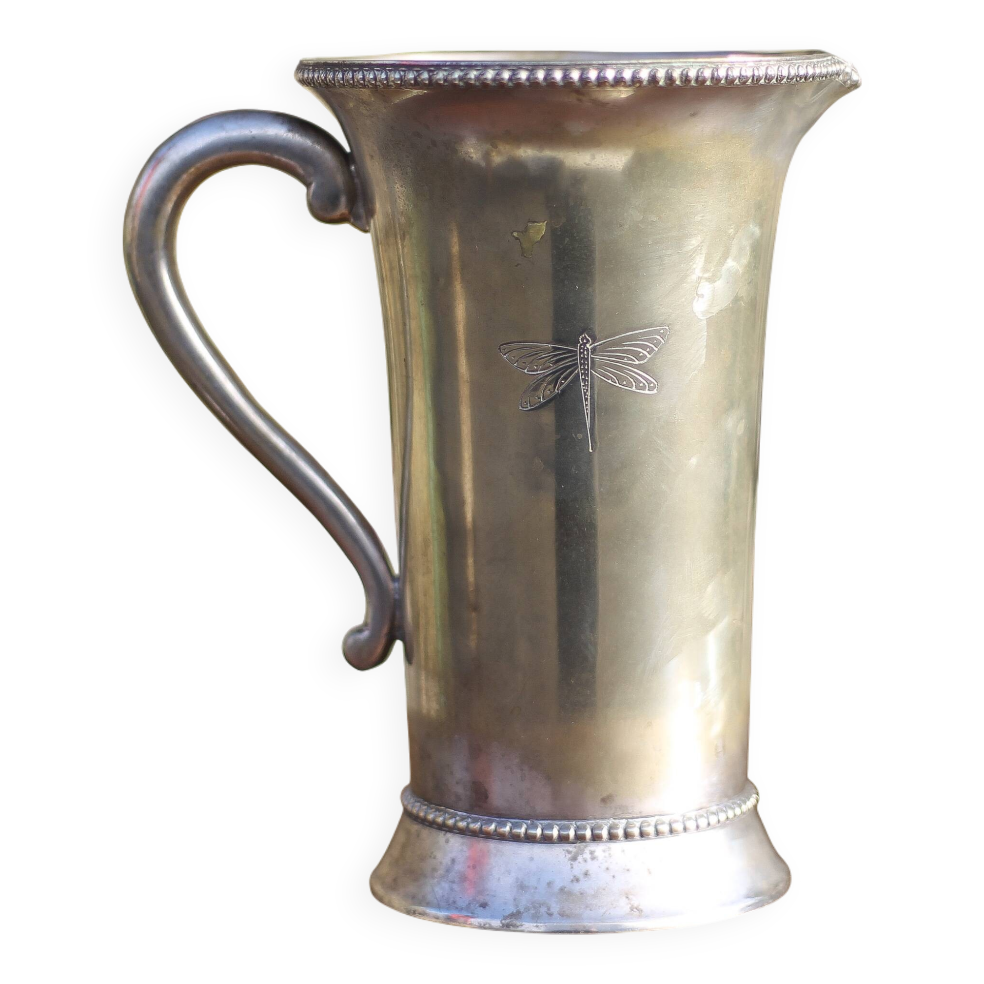 Antique metal carafe, jug, pitcher with handle, engraved dragonfly, collection