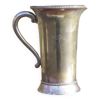Carafe métal ancienne, cruche, pichet avec anse, libellule gravée, collection