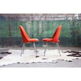 Set of 8 chairs in chrome steel and orange wool, 1960