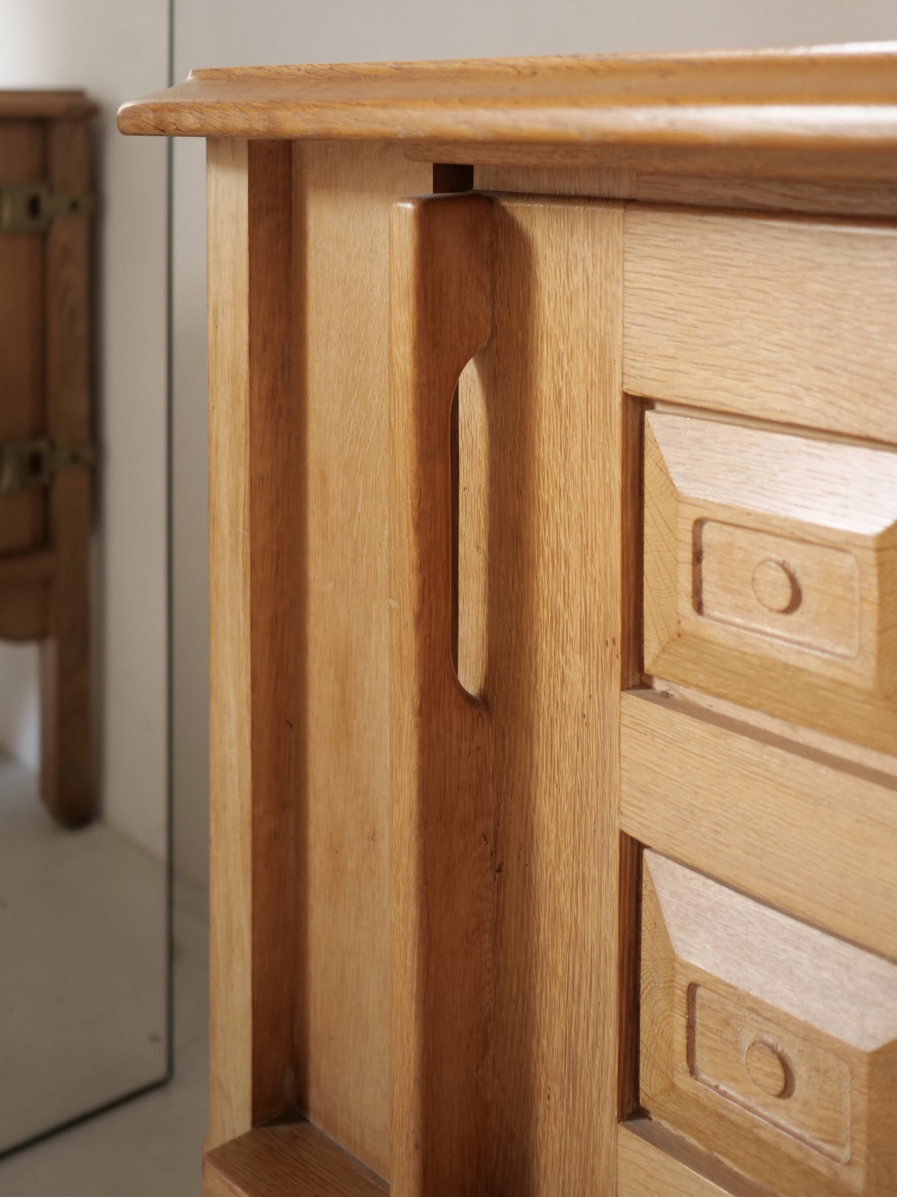 Guillerme and Chambron oak sideboard in light wood in a brutalist style.