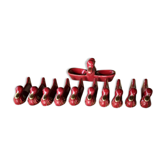 Set of 10 majolica knife rests and salt shaker, 1950