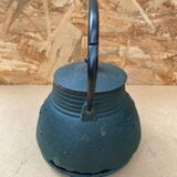 Antique japanese green cast iron teapot flower decor + vintage stand