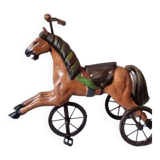 Tricycle ancien, jouet français avec cheval sculpté en bois et métal