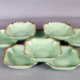 Antique Limoges green & gold porcelain dessert / cream service C593