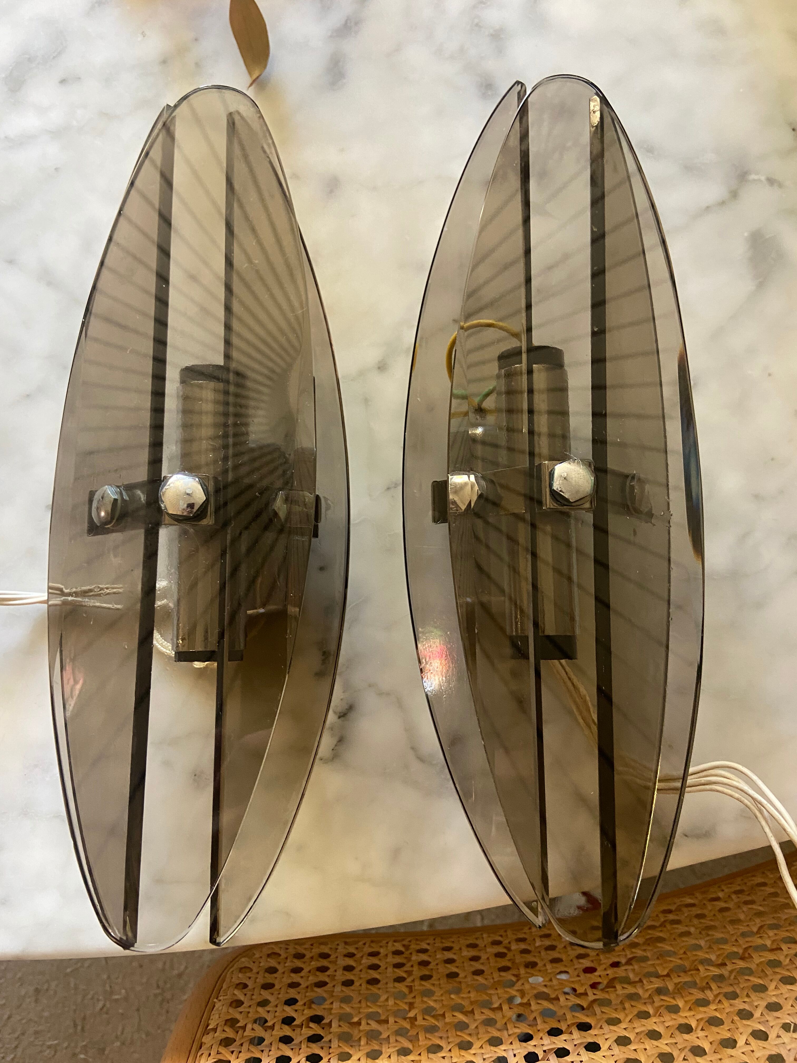 Pair of 70s smoked glass wall lamps