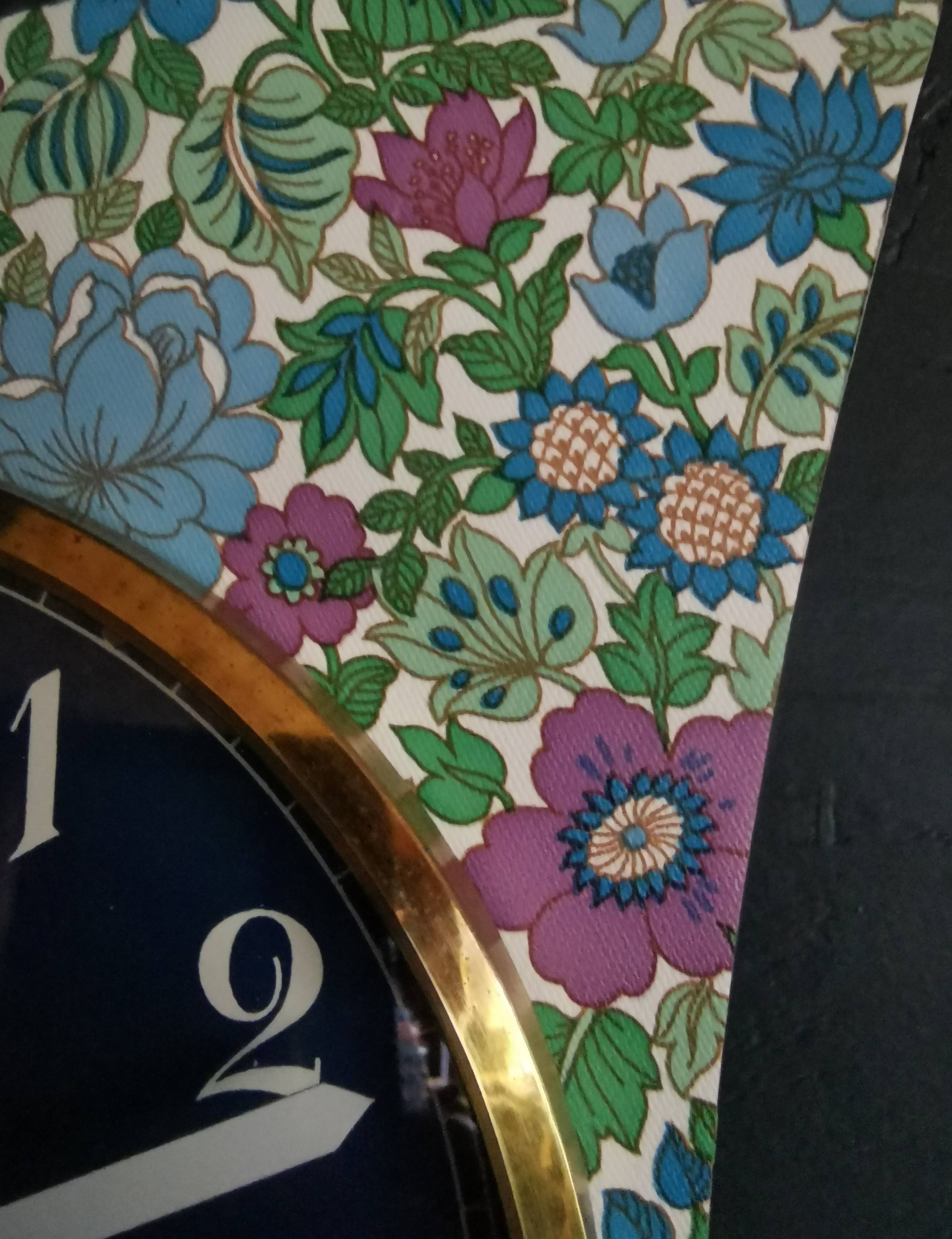 Vintage formica clock silent asymmetrical wall pendulum "Blue purple green flowers"