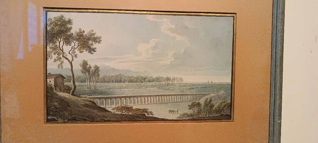 Old watercolour on paper from the early 19th century – landscape with aqueduct