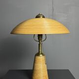 Lampe de table en rotin, bambou et laiton, Italie années 1970