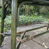 Large vintage oval drop leaf table in green lacquered bamboo rattan 158/106