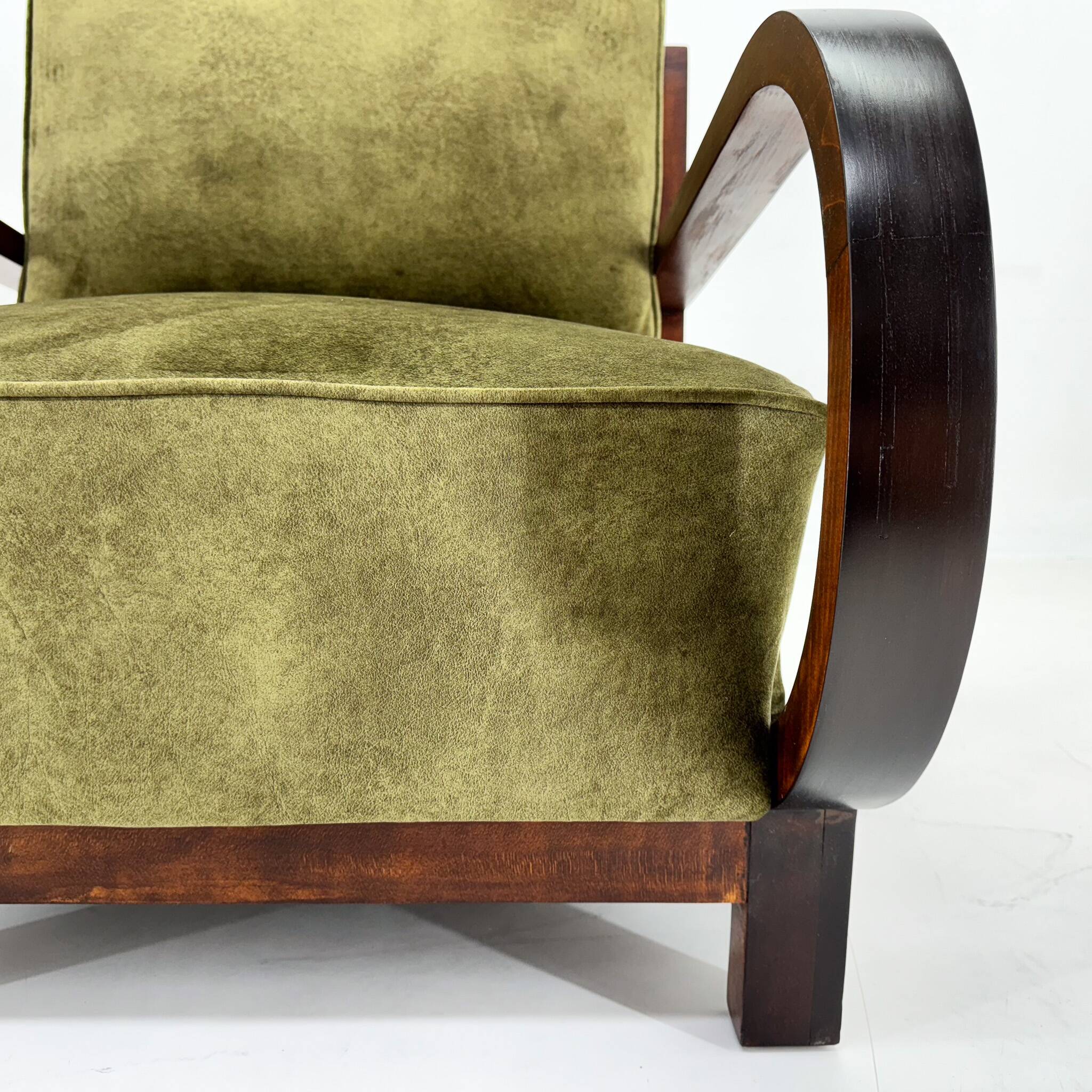 Pair of Art Deco beech armchairs, 1930s, newly upholstered