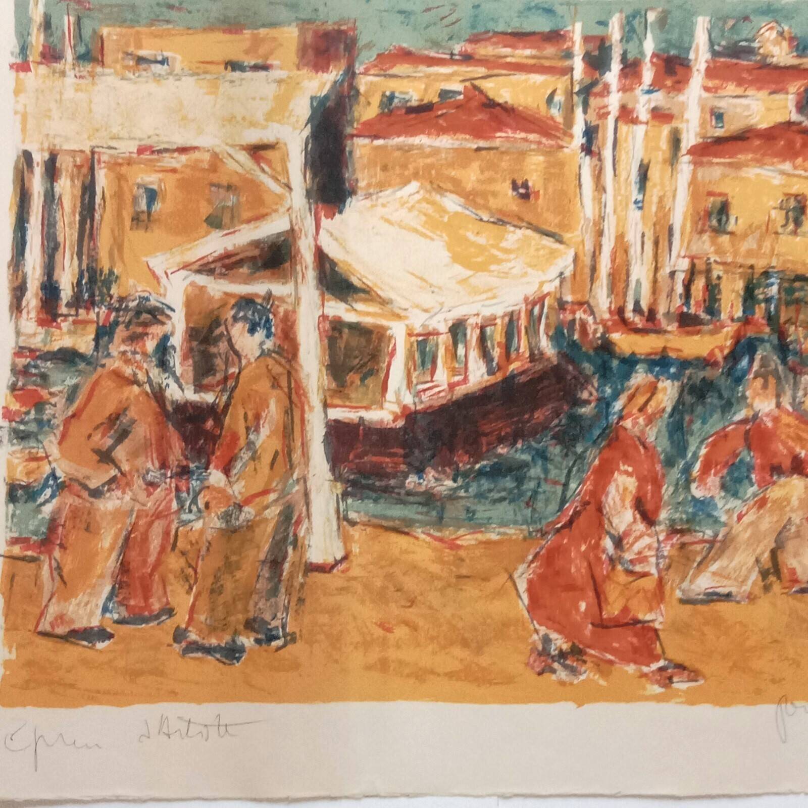 Port of Marseille, original lithograph signed by Arlandis Antoine, 1977