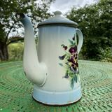 Cafetière ancienne Japy en tôle émaillée fleurs de pensée