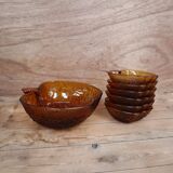 Fruit bowl and its 6 amber bowls from the 70s