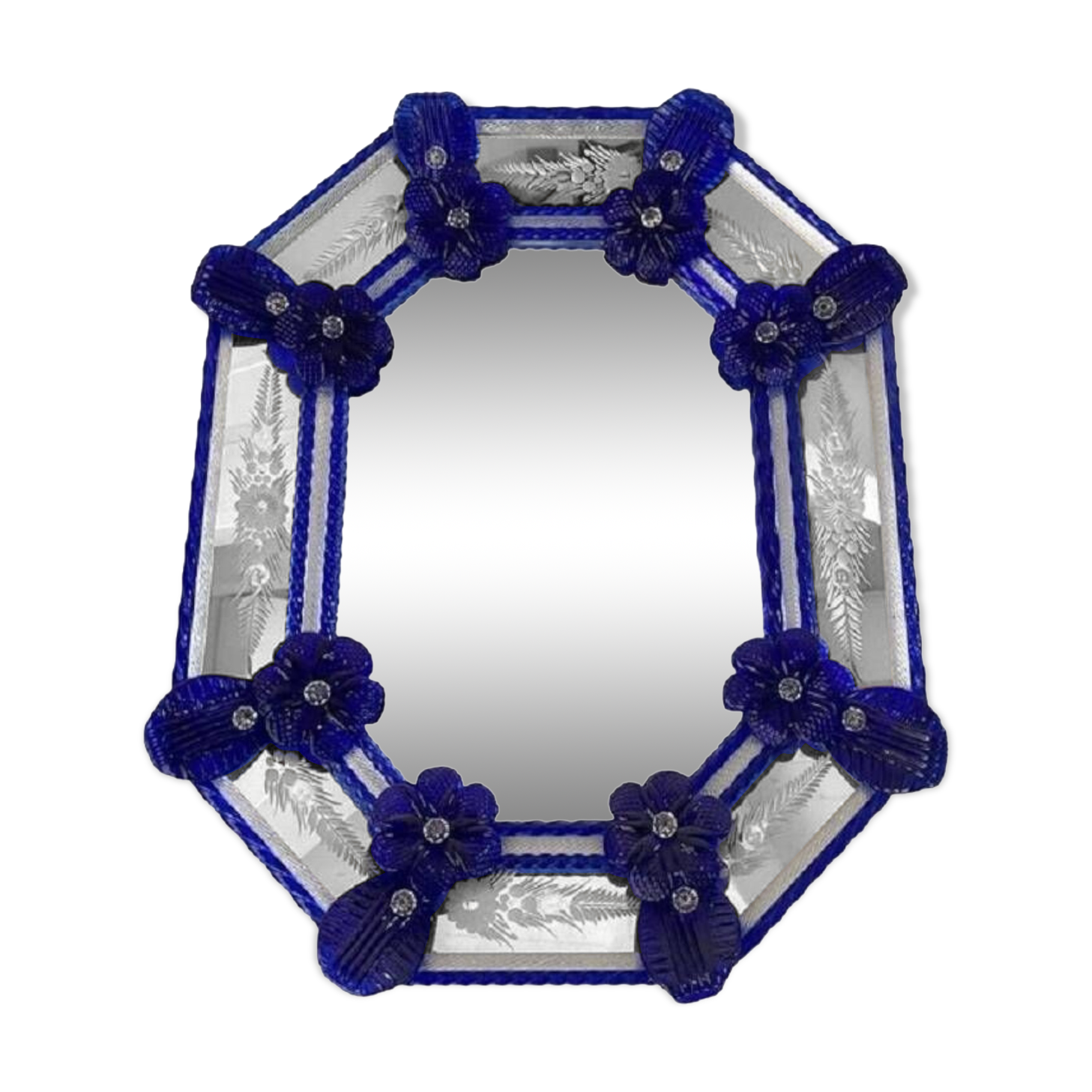 Venetian Octagonal Blue Floreal Hand-Carving Mirror in Murano Glass Style