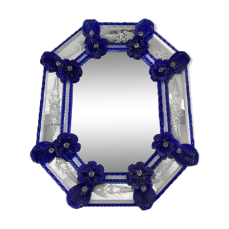 Venetian Octagonal Blue Floreal Hand-Carving Mirror in Murano Glass Style