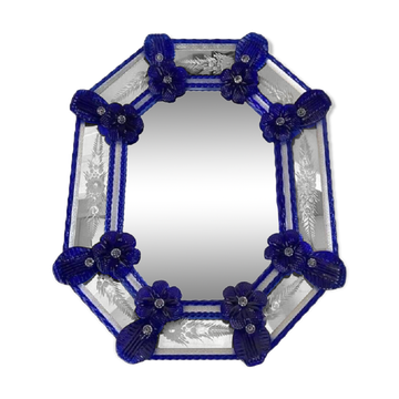 Venetian Octagonal Blue Floreal Hand-Carving Mirror in Murano Glass Style