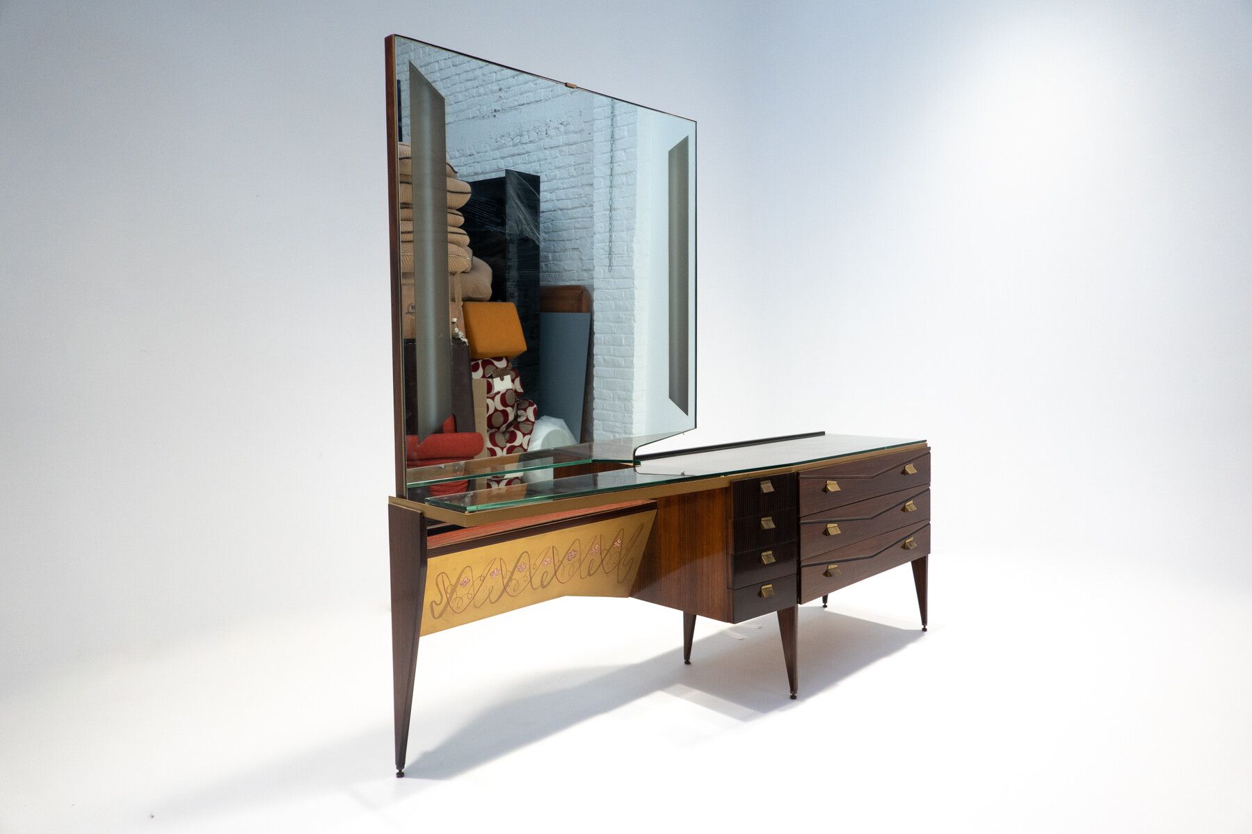 1960's Mid-Century Modern Italian Wooden Dressing Table with Lighting Mirror