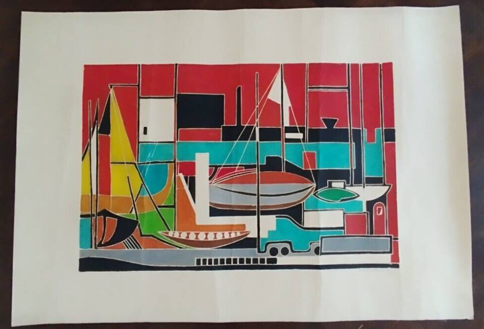 Gouache on paper signed mid-20th century boats port 1959
