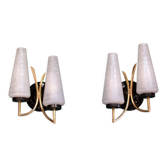 Pair of double brass and tulip wall sconces in white striped glass porcelain wall rosette