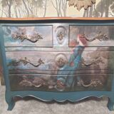 Patinated crossbow chest of drawers