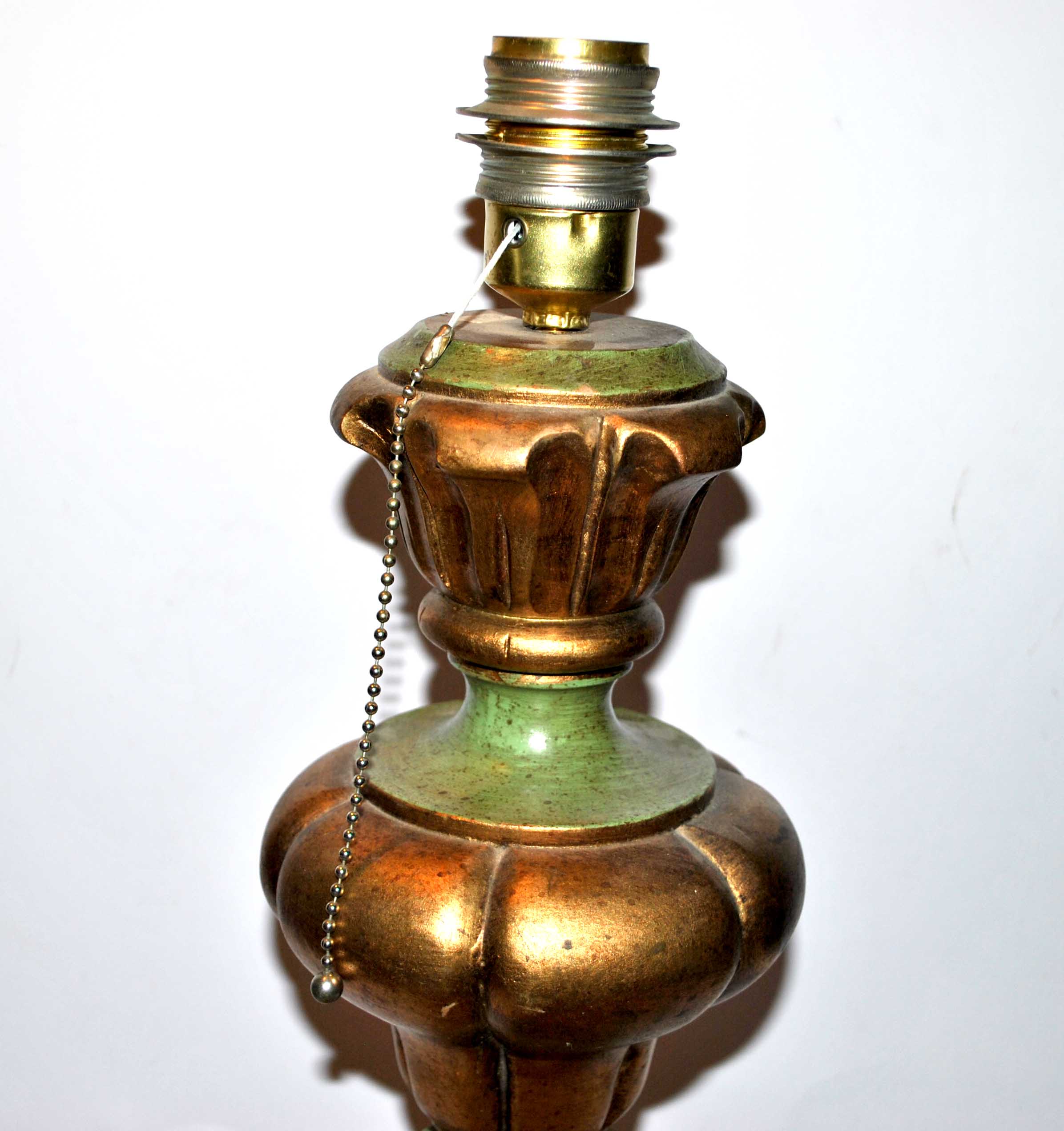 Vintage lamp foot gilded and green in carved turned wood
