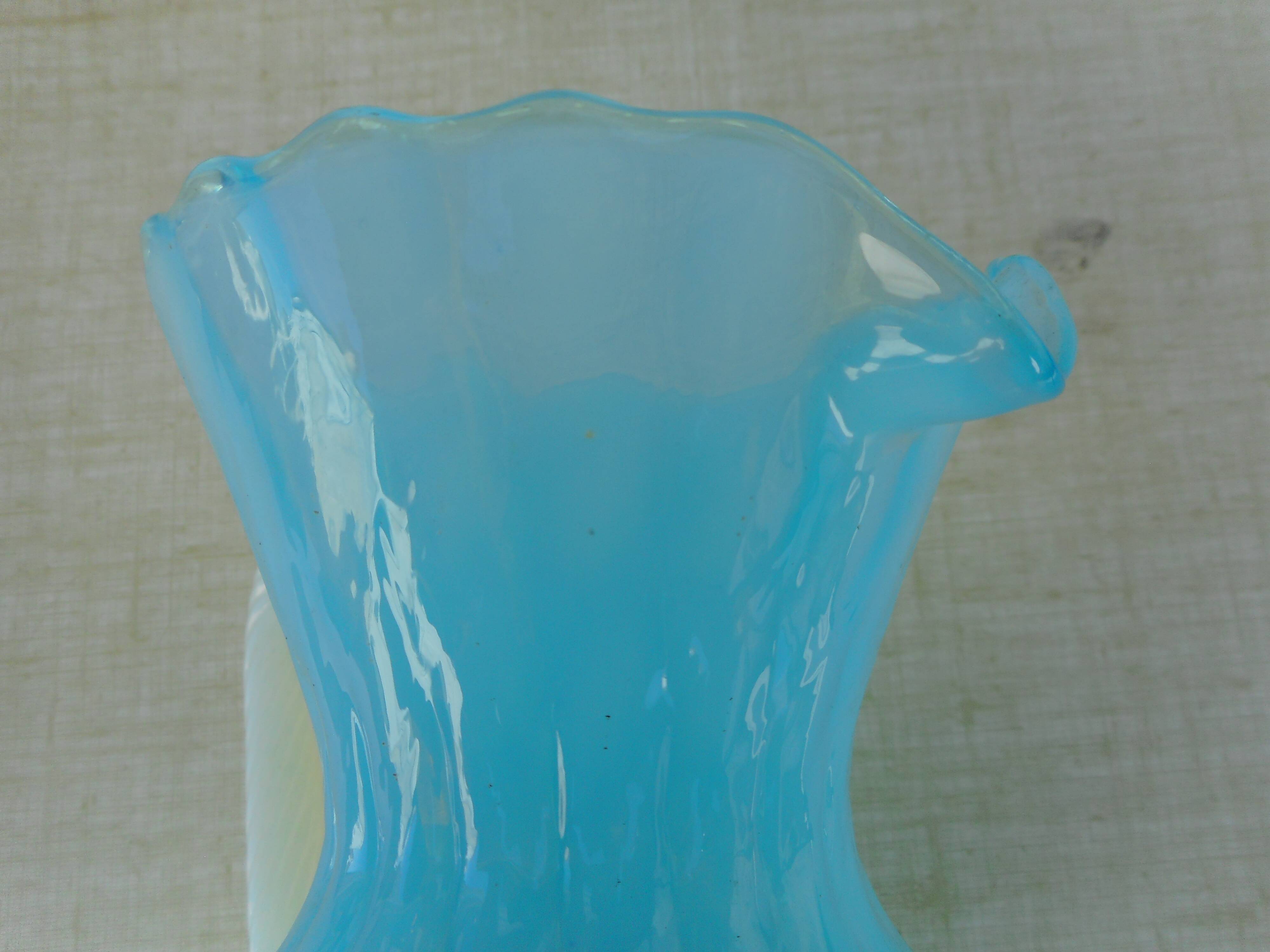 Blue and white opaline pitcher