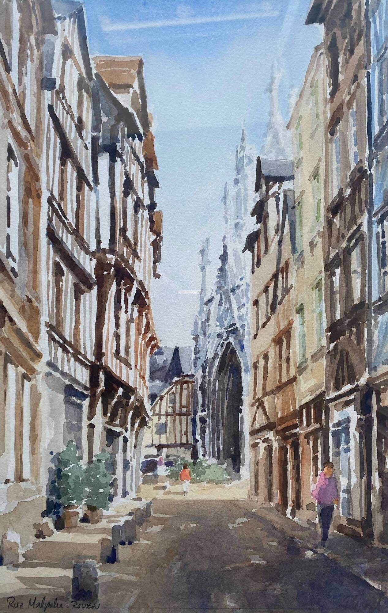 Watercolor painting "Rue Malpalu animated" in Rouen, titled and signed